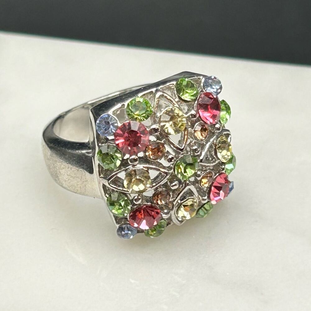 Fashion Costume Cocktail Ring Colorful Rhinestones #K61 size 6 silver tone